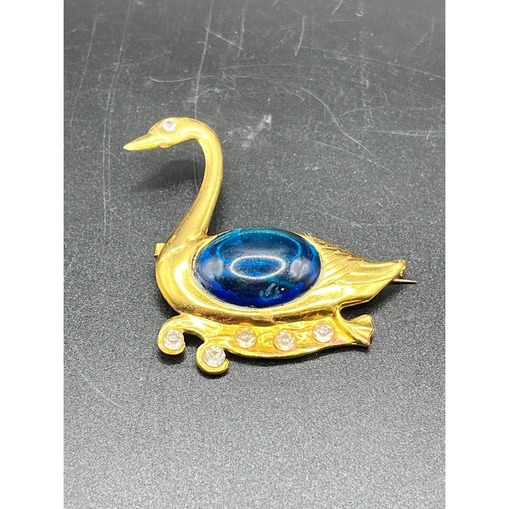 Gold Tone Swan Brooch Blue Resin Gem Pin Jewelry Accessory Feminine 2" Vintage